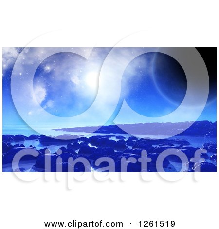 Clipart of a 3d Blue Foreign Planet Waterscape - Royalty Free Vector Illustration by KJ Pargeter