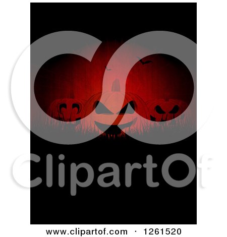 Clipart of a Grungy Red Dark Halloween Background of Jackolanterns over Grass with Bats - Royalty Free Vector Illustration by KJ Pargeter