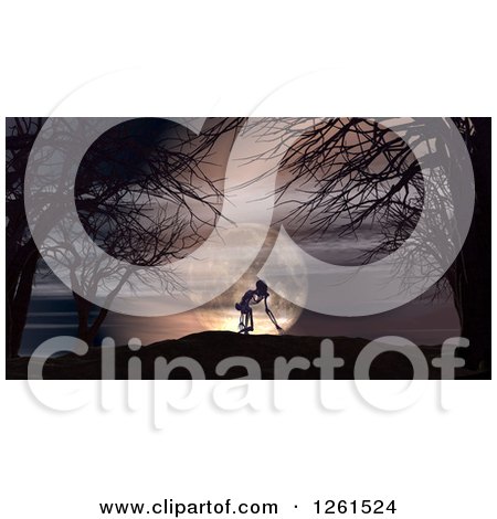 Clipart of a 3d Skeleton Under Bare Trees and a Full Moon - Royalty Free Vector Illustration by KJ Pargeter