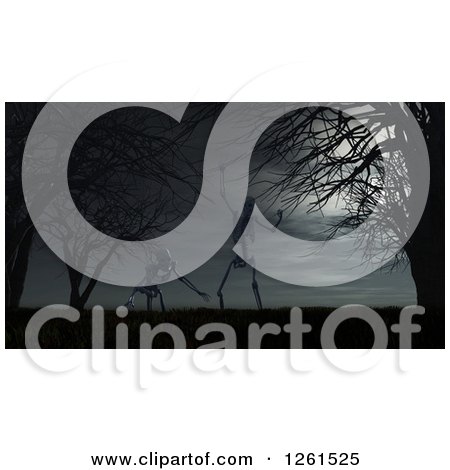 Clipart of 3d Skeletons Under Bare Trees and Moonlight - Royalty Free Vector Illustration by KJ Pargeter