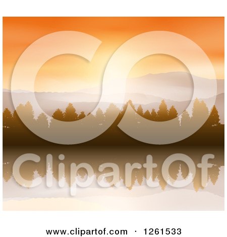 Clipart of a Sunrise over Mountains Evergreens and a Reflective Lake - Royalty Free Vector Illustration by KJ Pargeter
