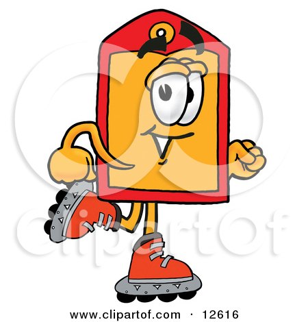Clipart Picture of a Price Tag Mascot Cartoon Character Roller Blading on Inline Skates by Mascot Junction
