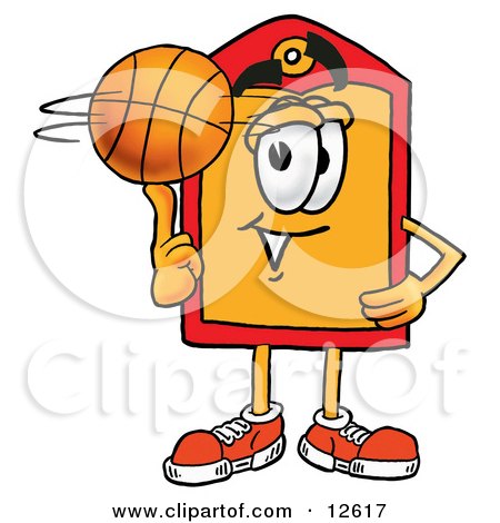 Clipart Picture of a Price Tag Mascot Cartoon Character Spinning a Basketball on His Finger by Mascot Junction