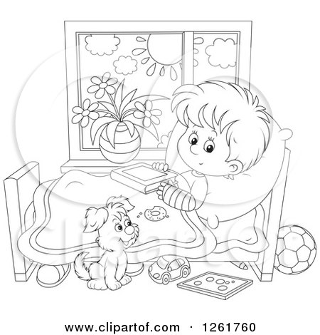 Clipart of a Black and White Puppy by a Boy Recovering from a Broken Arm in Bed - Royalty Free Vector Illustration by Alex Bannykh