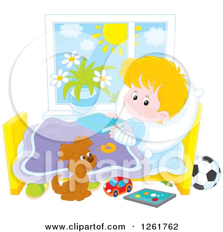 Clipart of a Puppy by a White Boy Recovering from a Broken Arm in Bed - Royalty Free Vector Illustration by Alex Bannykh