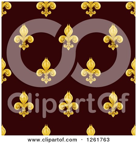 Clipart of a Seamlessly Tileable Gold Fleur De Lis on Burgundy Background Pattern - Royalty Free Vector Illustration by AtStockIllustration