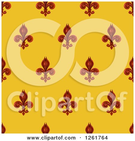 Clipart of a Seamlessly Tileable Burgundy Fleur De Lis on Gold Background Pattern - Royalty Free Vector Illustration by AtStockIllustration
