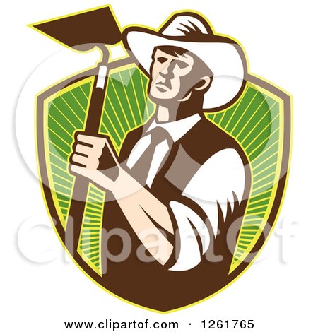 Clipart of a Retro Woodcut Cowboy Farmer Holding a Hoe over a Shield of Green Rays - Royalty Free Vector Illustration by patrimonio