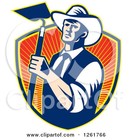 Clipart of a Retro Woodcut Cowboy Farmer Holding a Hoe over a Shield of Rays - Royalty Free Vector Illustration by patrimonio