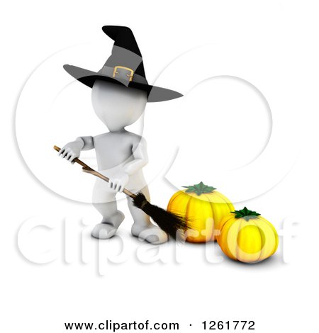 Clipart of a 3d White Witch Holding a Broom by Pumpkins - Royalty Free Illustration by KJ Pargeter