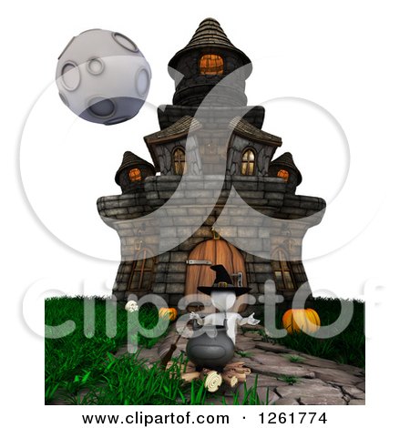 Clipart of a 3d White Witch and a Haunted House - Royalty Free Illustration by KJ Pargeter