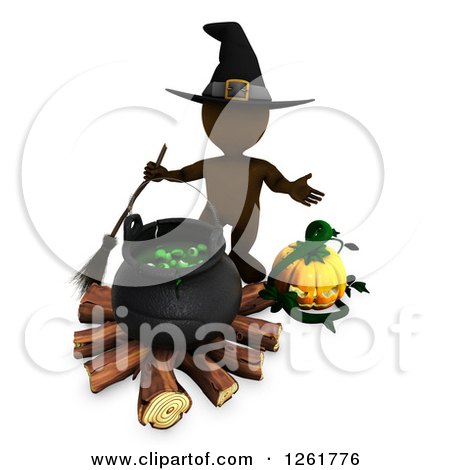 Clipart of a 3d Brown Witch with a Cauldron and Halloween Jackolantern - Royalty Free Illustration by KJ Pargeter