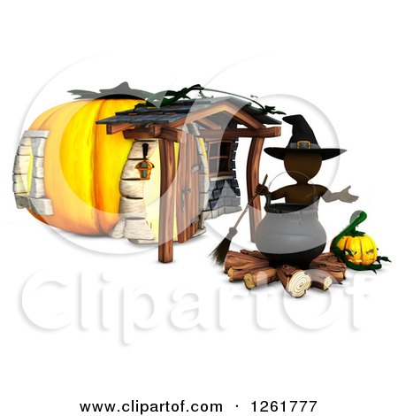 Clipart of a 3d Brown Witch with a Cauldron at a Halloween Pumpkin House - Royalty Free Illustration by KJ Pargeter