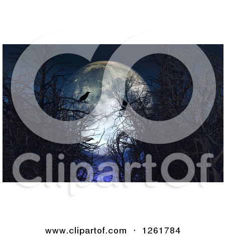 Clipart of a 3d Full Moon with Silhouetted Crows and Bare Tree Branches - Royalty Free Illustration by KJ Pargeter