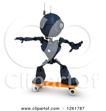 Clipart of a 3d Blue Android Robot Skateboarding - Royalty Free Illustration by KJ Pargeter