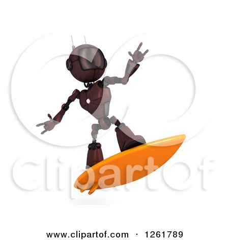 Clipart of a 3d Red Android Robot Surfing - Royalty Free Illustration by KJ Pargeter