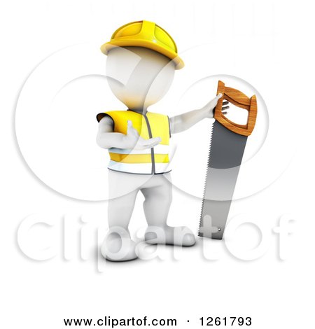 Clipart of a 3d White Man Construction Worker with a Giant Saw - Royalty Free Illustration by KJ Pargeter