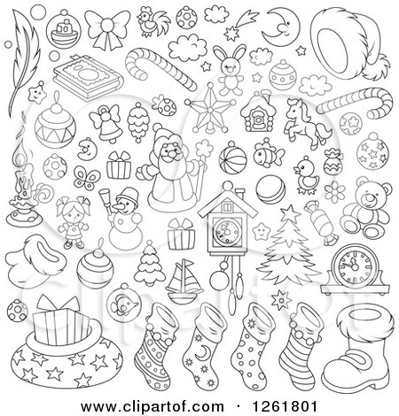 Clipart of Black and White Christmas Items - Royalty Free Vector Illustration by Alex Bannykh