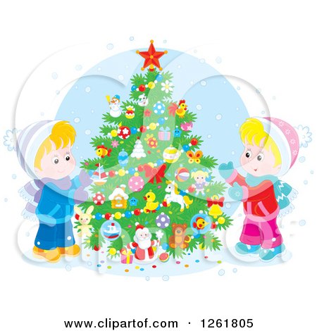Clipart of Happy White Children Decorating an Outdoor Christmas Tree in the Snow - Royalty Free Vector Illustration by Alex Bannykh