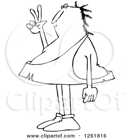Clipart of a Black and White Caveman Gesturing Peace - Royalty Free Vector Illustration by djart