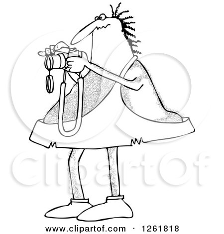 Clipart of a Black and White Hairy Caveman Taking Pictures - Royalty Free Vector Illustration by djart