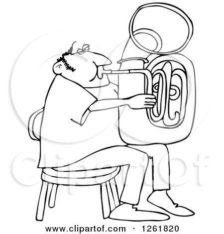 Clipart of a Black and White Chubby Man Sitting and Playing a Tuba - Royalty Free Vector Illustration by djart