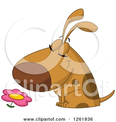 Clipart of a Cartoon Happy Dog Smelling a Flower - Royalty Free Vector Illustration by yayayoyo