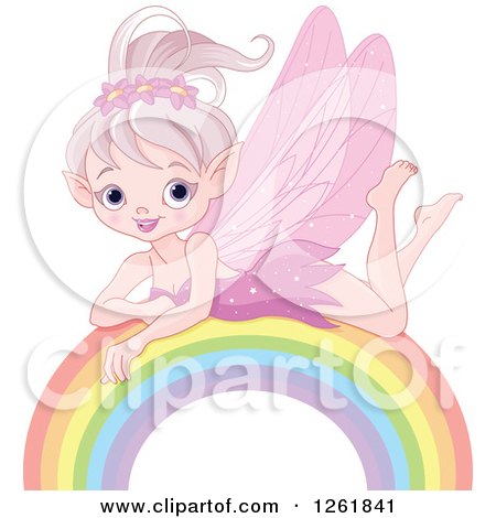 Clipart of a Happy Pink Fairy Pixie Girl Resting on a Rainbow - Royalty Free Vector Illustration by Pushkin