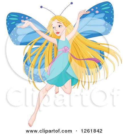 Clipart of a Happy Blond Female Fairy with Blue Butterfly Wings - Royalty Free Vector Illustration by Pushkin
