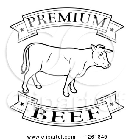 Clipart of Black and White Premium Beef Food Banners and Cow - Royalty Free Vector Illustration by AtStockIllustration