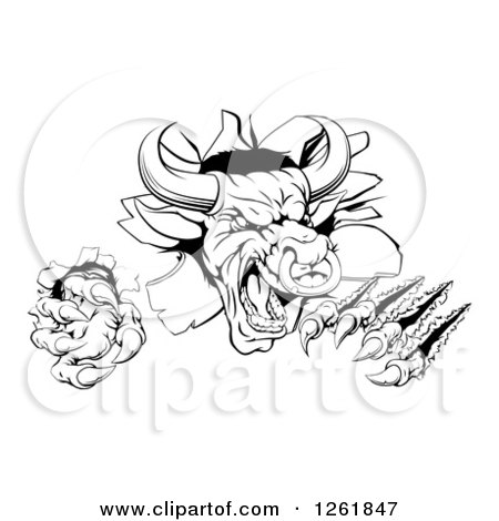 Clipart of a Black and White Attacking Aggressive Bull Breaking Through a Wall - Royalty Free Vector Illustration by AtStockIllustration