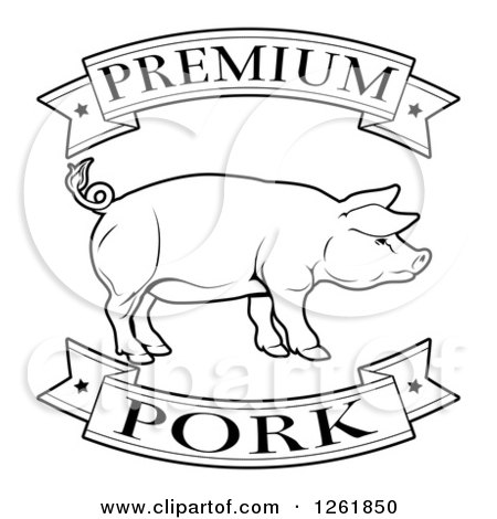 Clipart of Black and White Premium Pork Food Banners and Pig - Royalty Free Vector Illustration by AtStockIllustration
