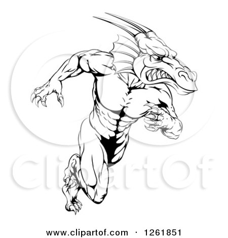 Clipart of a Black and White Muscular Aggressive Dragon Man Mascot Running Upright - Royalty Free Vector Illustration by AtStockIllustration