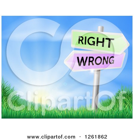 Clipart of Directional Wrong and Right Arrow Signs over a Sunrise and Grassy Hill - Royalty Free Vector Illustration by AtStockIllustration