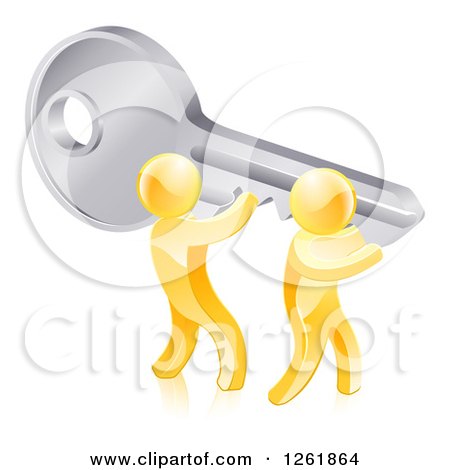 Clipart of 3d Gold Men Holding up a Giant Key - Royalty Free Vector Illustration by AtStockIllustration