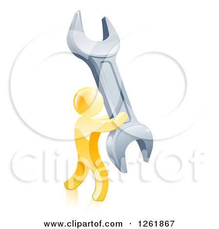 Clipart of a 3d Gold Man Carrying a Giant Wrench - Royalty Free Vector Illustration by AtStockIllustration