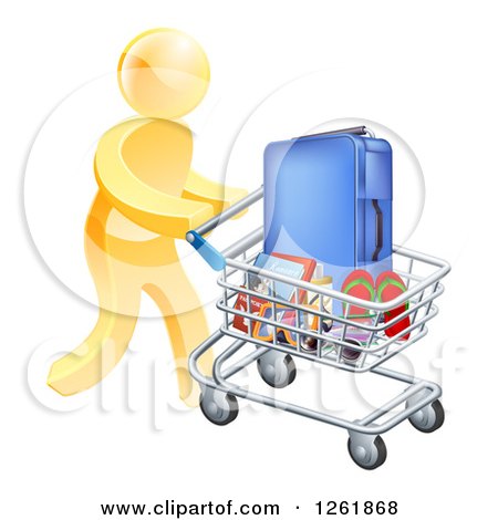 Clipart of a 3d Gold Man Pushing Travel Accessories in a Shopping Cart - Royalty Free Vector Illustration by AtStockIllustration