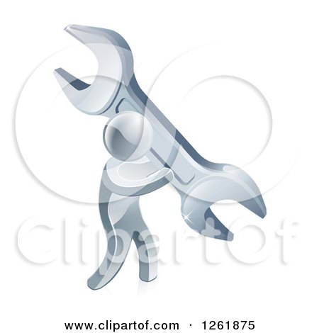 Clipart of a 3d Silver Man Carrying a Giant Wrench - Royalty Free Vector Illustration by AtStockIllustration