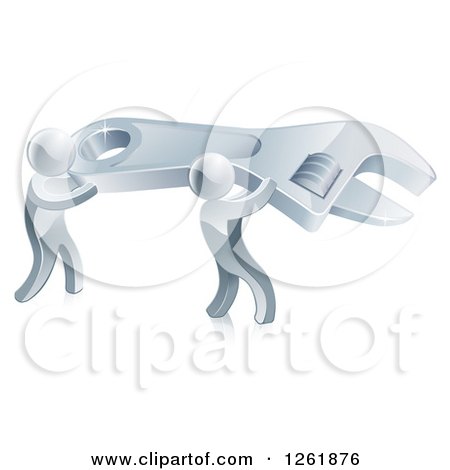 Clipart of a 3d Silver Men Carrying a Giant Adjustable Wrench - Royalty Free Vector Illustration by AtStockIllustration