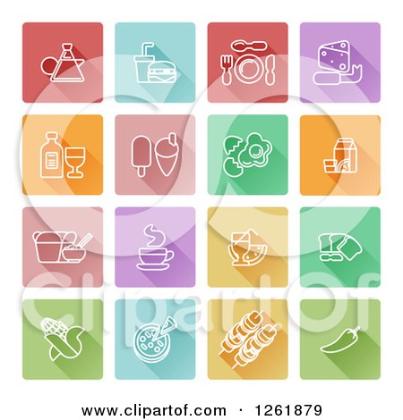 Clipart of Square Colorful Tiles with White Food Icons - Royalty Free Vector Illustration by AtStockIllustration