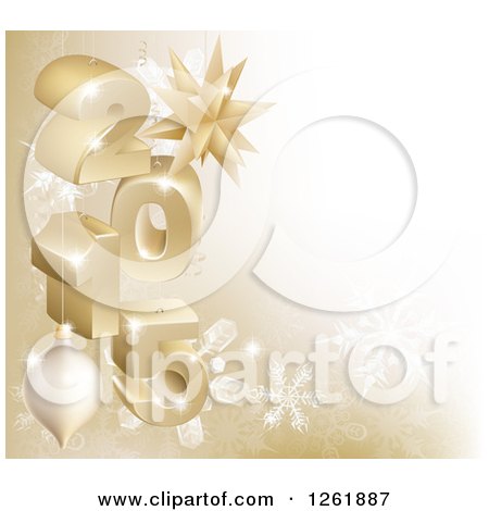Clipart of a 3d Gold Snowflake Background with Year 2015 and Baubles - Royalty Free Vector Illustration by AtStockIllustration