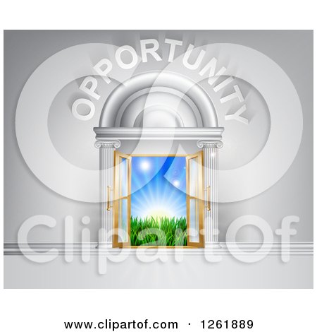 Clipart of Opportunity over Open Doors with Sunshine and Grass - Royalty Free Vector Illustration by AtStockIllustration