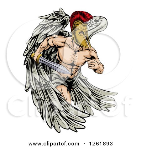 Clipart of a Spartan Trojan Warrior Guardian Angel Running with a Sword - Royalty Free Vector Illustration by AtStockIllustration