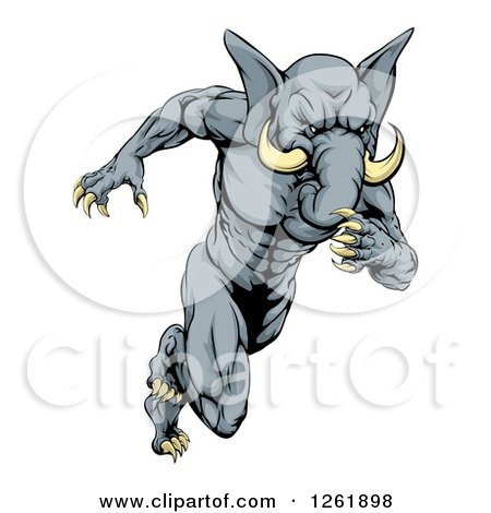Clipart of a Muscular Aggressive Elephant Man Mascot Running Upright - Royalty Free Vector Illustration by AtStockIllustration