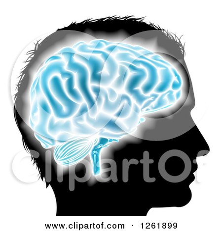 Clipart of a Silhouetted Mans Head with a Glowing Blue Brain - Royalty Free Vector Illustration by AtStockIllustration