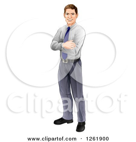 Clipart of a Happy Brunette Caucasian Businessman Standing with Folded Arms - Royalty Free Vector Illustration by AtStockIllustration