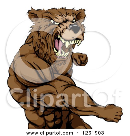 Clipart of a Roaring Angry Muscular Bear Man Punching - Royalty Free Vector Illustration by AtStockIllustration