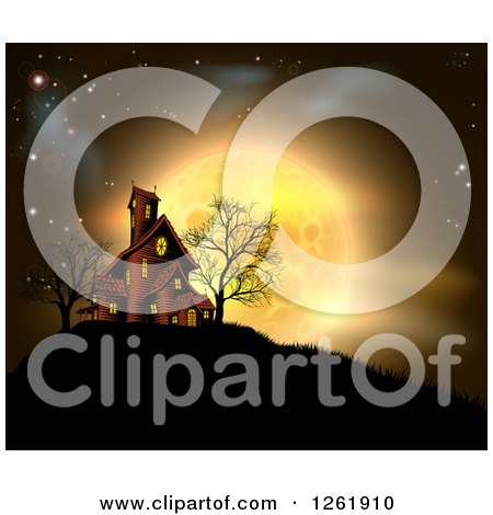 Clipart of a Golden Full Moon Behind a Haunted House on a Hill - Royalty Free Vector Illustration by AtStockIllustration