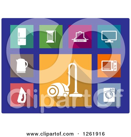 Clipart of Colorful Square Household Appliance Icons on Blue - Royalty Free Vector Illustration by Vector Tradition SM