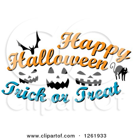 Clipart of a Bat, Cat and Jackolantern Faces with Happy Halloween Trick or Treat Text - Royalty Free Vector Illustration by Vector Tradition SM